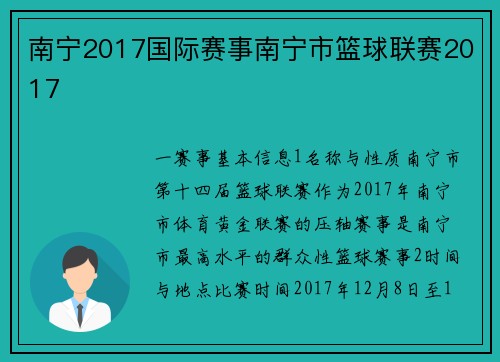 南宁2017国际赛事南宁市篮球联赛2017